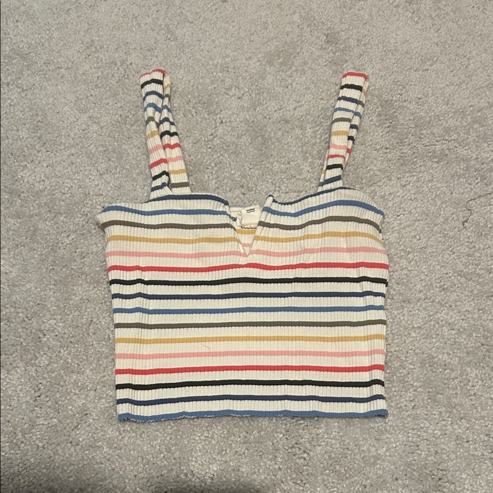 Billabong Cream Ribbed Stripe Cropped Tank with Blue, Pink & Tan